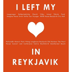 Puede incluir: Fondo naranja con texto blanco que dice "DEJ&Eacute; MI CORAZ&Oacute;N EN REYKJAV&Iacute;K". El texto est&aacute; rodeado de una lista de atracciones en Reikiavik, Islandia.