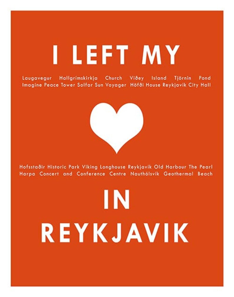 Puede incluir: Fondo naranja con texto blanco que dice "DEJ&Eacute; MI CORAZ&Oacute;N EN REYKJAV&Iacute;K". El texto est&aacute; rodeado de una lista de atracciones en Reikiavik, Islandia.