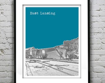 East Lansing Michigan Skyline Art Print Poster MI Version 3