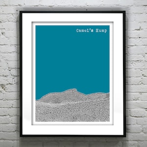 May include: A teal blue and white minimalist art print with the text "Camel's Hump" at the top. The print features a stylized black and white line drawing of a mountain range.