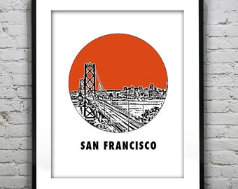 San Francisco Poster Art Skyline Print Bay Bridge Round Version 8