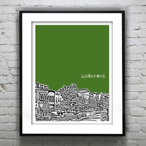 May include: A black and white illustration of a city street scene with buildings and trees. The background is a solid green color. The text "Anderson" is printed in white at the top of the image.