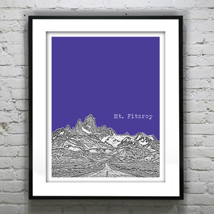 May include: A black and white line drawing of Mount Fitzroy, a mountain in Patagonia, Argentina. The mountain is depicted against a solid purple background. The text "Mt. Fitzroy" is written in white at the top of the image.