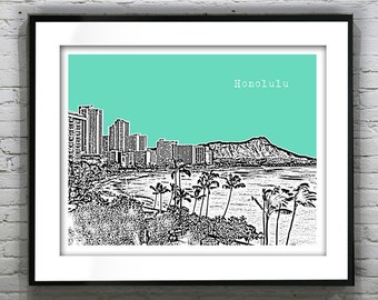 Honolulu Hawaii City Skyline Poster Art Print HI Landscape Version 4