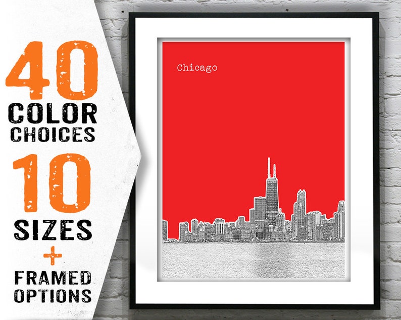 Chicago Poster Skyline Art Print Illinois Water View Item Etsy