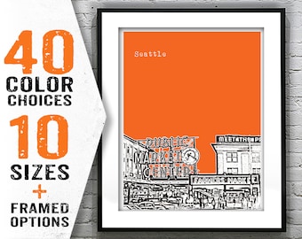 Seattle Skyline Poster Art Print Washington WA Public Market Item T1152