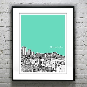 Honolulu Hawaii City Skyline Poster Art Print HI Version 3