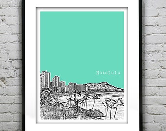Honolulu Hawaii City Skyline Poster Art Print HI Version 3