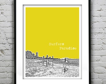 Surfers Paradise Australia Skyline Poster Art Print  Beach Surfing Item T4408