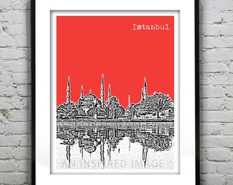 Istanbul Turkey City Skyline Poster Art Print Blue Mosque Version 2