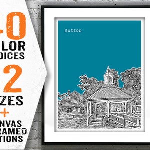 May include: A black and white illustration of a gazebo in Sutton, Massachusetts. The gazebo is surrounded by trees and buildings. The background is a teal blue color. The text "Sutton" is printed in white at the top of the image.