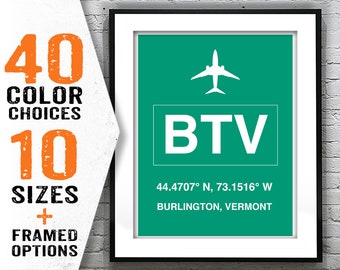 BTV Burlington Vermont International Airport Aviation Poster Art Print Item T2071