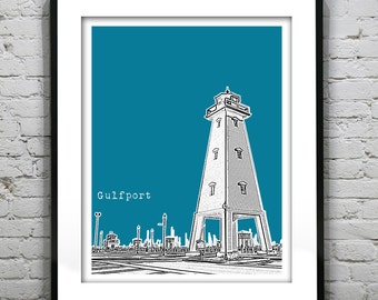 Gulfport Mississippi Poster Art Print Skyline MS Lighthouse Version 2