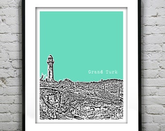 Grand Turk Skyline Poster Art Turk and Caicos Islands Version 2 Lighthouse
