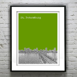 May include: A black and white illustration of the St. Petersburg skyline with a green background. The skyline features buildings and a bridge.