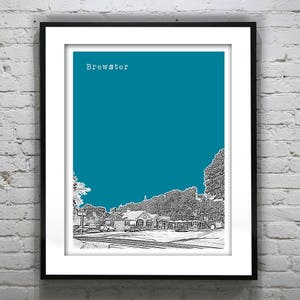 May include: A teal blue background with a black and white line drawing of a building with the word "Brewster" at the top.