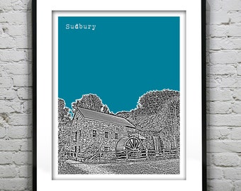 Sudbury Massachusetts Skyline Poster Art Print Old Grist Mill MA