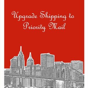 May include: Upgrade shipping to Priority Mail with a black and white illustration of the Brooklyn Bridge and the New York City skyline.