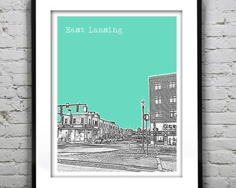 East Lansing Michigan Skyline Art Print Poster MI Version 2