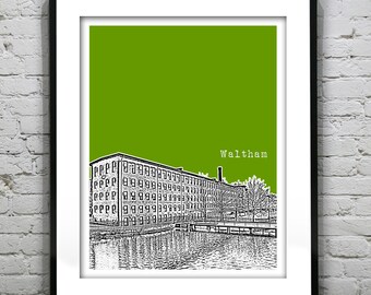 Waltham Massachusetts Skyline Poster Art Print Boston Manufacturing Co Mill MA Item T5087