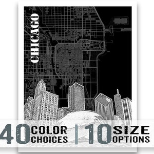 May include: Black and white illustration of the Chicago skyline with the text "CHICAGO" in white lettering. The illustration includes the city's iconic skyscrapers and a map of the city.