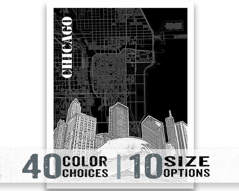 May include: Black and white illustration of the Chicago skyline with the text "CHICAGO" in white lettering. The illustration includes the city's iconic skyscrapers and a map of the city.