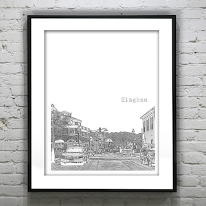 May include: A black and white line drawing of a street scene in Hingham, Massachusetts. The drawing shows a street with buildings on both sides and cars driving down the street. The text "Hingham" is written at the top of the drawing.