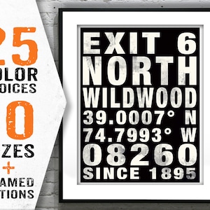 May include: Black and white graphic print with the text "Exit 6 North Wildwood 39.0007&deg;N 74.7993&deg;W 08260 Since 1895".