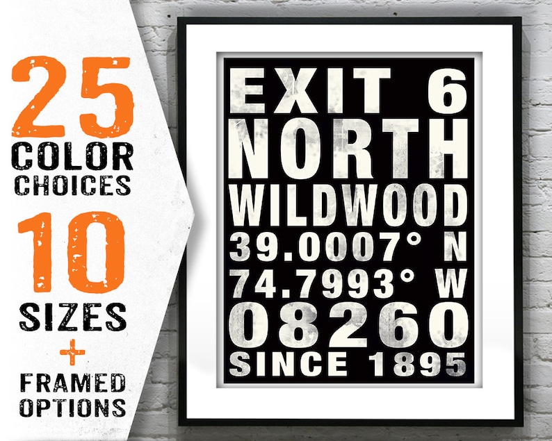 May include: Black and white graphic print with the text "Exit 6 North Wildwood 39.0007&deg;N 74.7993&deg;W 08260 Since 1895".