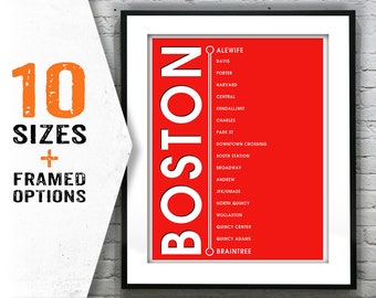 Boston T Red Line Poster Art Print Subway Alewife Braintree Quincy Porter Square Harvard UMass  Item T1349