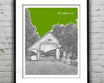 Woodstock Skyline Art Print Poster Vermont VT Covered Bridge Item T4950