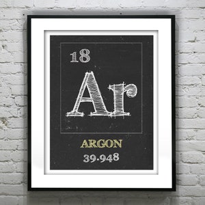 May include: Black and white illustration of the periodic table element Argon, with the atomic number 18 and atomic weight 39.948. The element symbol is Ar, and the word Argon is written in gold.