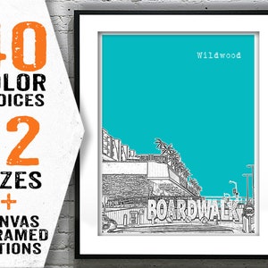 May include: A black and white illustration of the Wildwood boardwalk in New Jersey. The illustration is set against a turquoise background. The text "Wildwood" appears in white at the top of the image.
