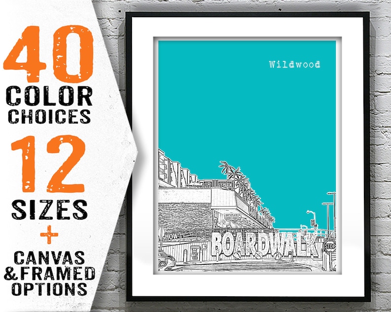 May include: A black and white illustration of the Wildwood boardwalk in New Jersey. The illustration is set against a turquoise background. The text "Wildwood" appears in white at the top of the image.