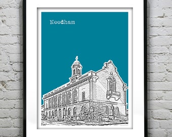 Needham Massachusetts Skyline Poster Art Print MA Needham Town Hall Item T1220