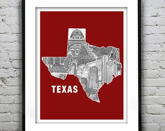 Texas State Skyline Poster Art Print Texas TX