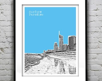 Surfers Paradise Australia Skyline Poster Art Print  Beach Surfing Item T4407