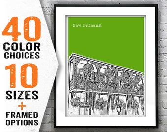 New Orleans Poster Art Louisiana Skyline Print  French Quarter Balcony Item T1792