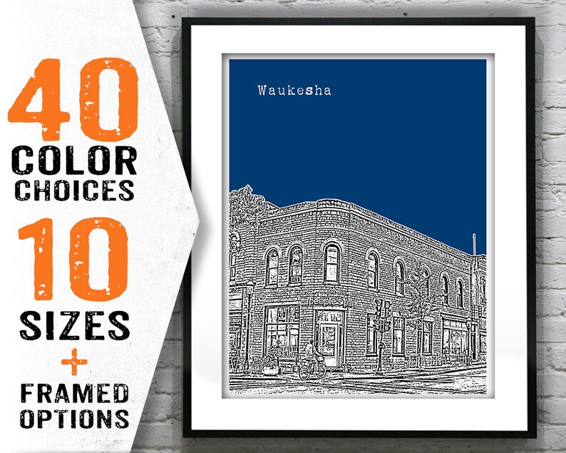 May include: Framed art print featuring a black and white illustration of a building in Waukesha, Wisconsin, set against a deep blue sky. The artwork is presented in a black frame. The image includes text indicating color and size options.