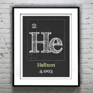 May include: A black and white illustration of the periodic table element Helium, with the atomic number 2 and atomic weight 4.003. The illustration is on a black background with white text.