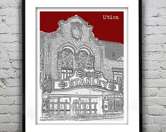 Utica New York Skyline Art Print Poster NY Stanley Theatre Item T1133