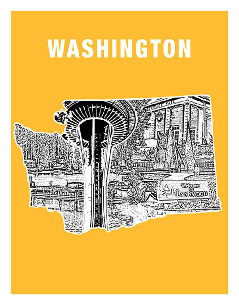 Washington State Map Skyline Poster Art Print Washington WA | Etsy
