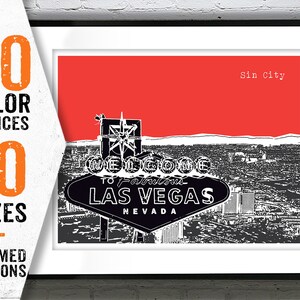 May include: Black and white illustration of the Las Vegas skyline with the iconic "Welcome to Fabulous Las Vegas" sign in the foreground. The background is a red sunset with the text "Sin City" in the top right corner.