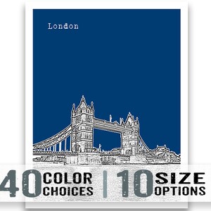 May include: A digital illustration of the Tower Bridge in London, England. The bridge is depicted in white against a dark blue background. The text "London" is at the top of the image.