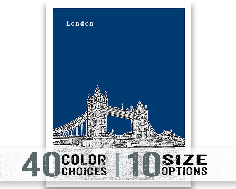 May include: A digital illustration of the Tower Bridge in London, England. The bridge is depicted in white against a dark blue background. The text "London" is at the top of the image.