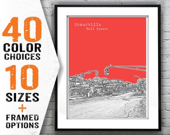 Ball Square Somerville Skyline Poster Art Print Boston Massachusetts Item T1676