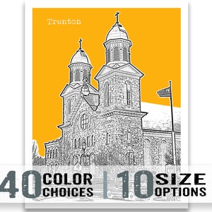 May include: A black and white illustration of a church with two towers on a yellow background. The text "Trenton" is at the top of the image.