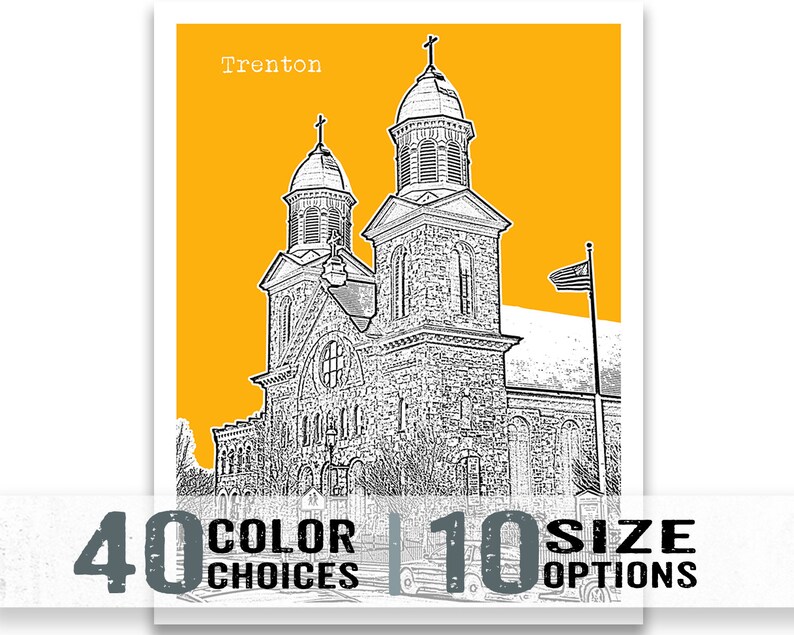 May include: A black and white illustration of a church with two towers on a yellow background. The text "Trenton" is at the top of the image.
