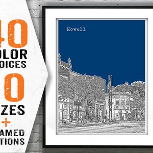 May include: A black and white illustration of a city street scene with buildings, trees, and people. The background is a solid dark blue color. The text "Howell" is at the top of the image.