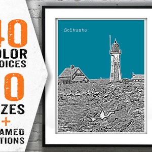 May include: Framed art print featuring a lighthouse and buildings against a teal background, with the town name "Scituate" at the top. The left side displays text: "40 COLOR CHOICES, 10 SIZES + FRAMED OPTIONS" in orange and black.